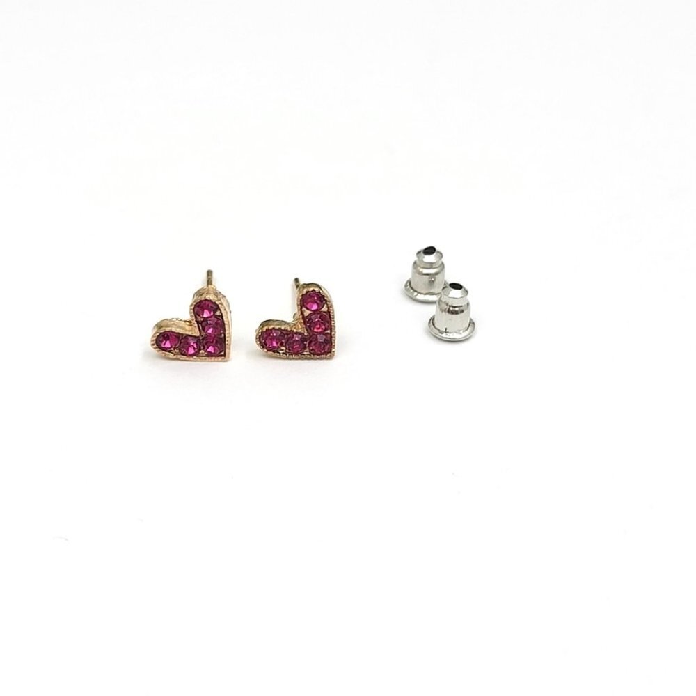 3/$15 Gold Plated Pink Rhinestone Heart Stud Earrings Petite Fashion Jewelry
